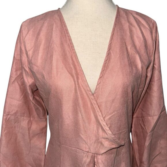 SHEIN Solid Pink Ruffle Wrap Dress Long Balloon Sleeves V-Neck Layers Size XL - Picture 3 of 11